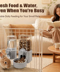 Automatic Gravity Food Feeder And Water Dispenser Combo Featuring 40 Oz Grain Bin And 17 Oz Leakproof Sipper Bottle For Rabbits Guinea Pigs Chinchillas Ferrets Cage Mount Feeding Station Grey No Sweat Pet Nosh with rabbit near cage.