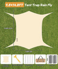 Diagram of Big Camping Tarp Canopy with poles and accessories, including glow stakes and storage bag, on grassy background.