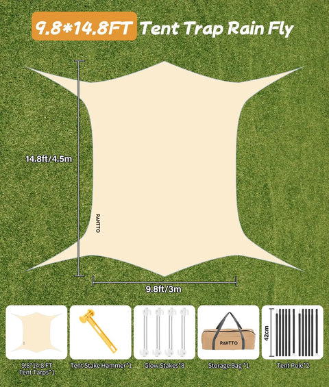 Diagram of Big Camping Tarp Canopy with poles and accessories, including glow stakes and storage bag, on grassy background.