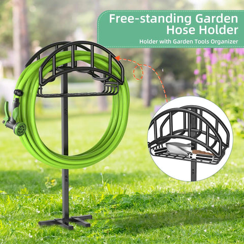 Upgraded Garden Hose Holder With Metal Reel And Detachable Tool Storage Basket Freestanding Heavy Duty Outdoor Stand