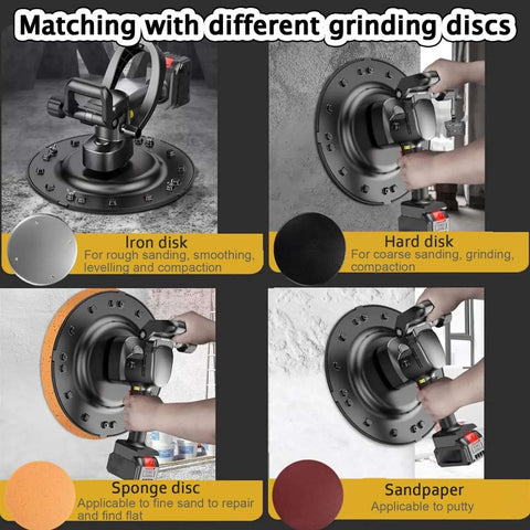 Electric Wall Plastering Machine With Battery Power Fast Cement Mortar Smoothing Tool shown with grinding discs for drywall and stucco.