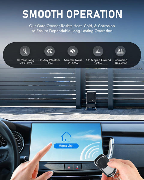 User activating Heavy Duty Sliding Gate Opener for 40 Ft Gates Up To 1400 Lb With 280W Chain Drive using HomeLink in car