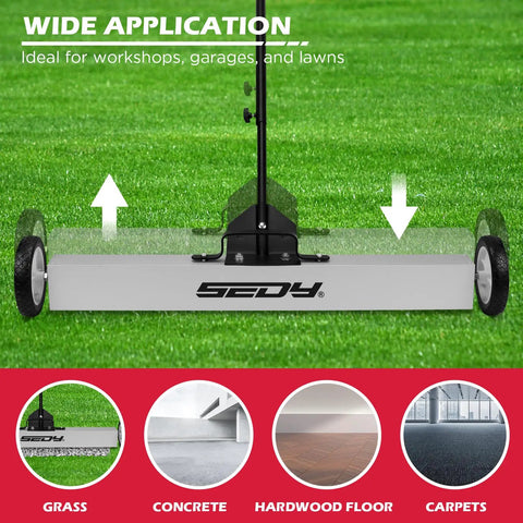 36 Inch Rolling Magnetic Sweeper With 40 Inch Telescoping Magnetic Pickup Tool, Magnetic Trays, 55 Pound Capacity on grass