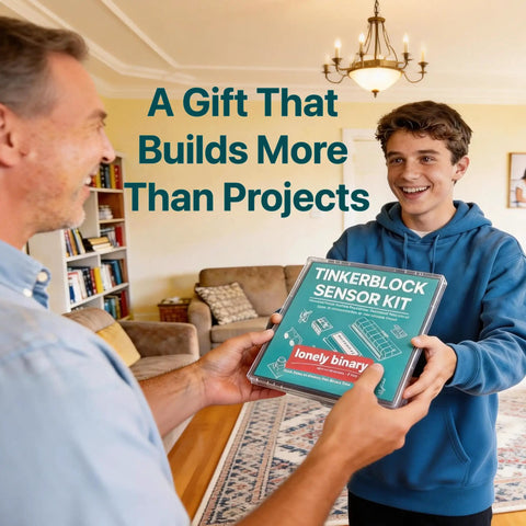 Teen receiving Tinkerblock Sensor Kit gift from adult in living room setting