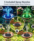 Solar Bird Bath Fountain With LED Lights And Battery Backup No Fuss Floating 6.3 Inch Pump For Pond Garden And Outdoor Decor 9V2W Panel 5 Nozzles Powerful Water Spray Works On Cloudy Days, shown with various spray patterns in a garden setting.