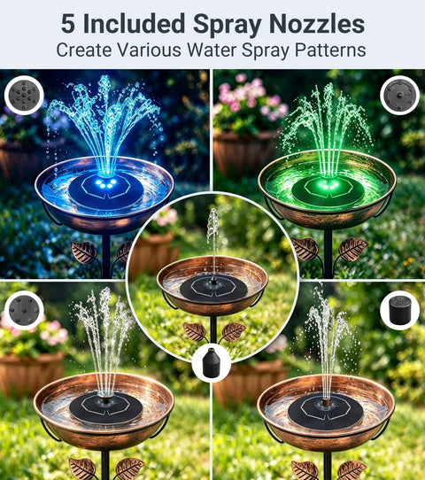 Solar Bird Bath Fountain With LED Lights And Battery Backup No Fuss Floating 6.3 Inch Pump For Pond Garden And Outdoor Decor 9V2W Panel 5 Nozzles Powerful Water Spray Works On Cloudy Days, shown with various spray patterns in a garden setting.