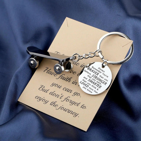 Dope Mini Skateboard Keychain For Skaters And Gift Lovers, Stainless Steel Pendant 1.18 Inches on inspirational card