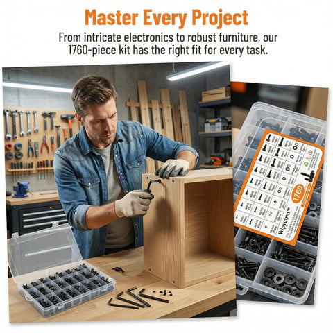 Man assembling furniture with Massive 1760 Piece Metric Screw Set M2 To M5 With Alloy Steel Hex Socket Head Cap Bolts And Nuts.