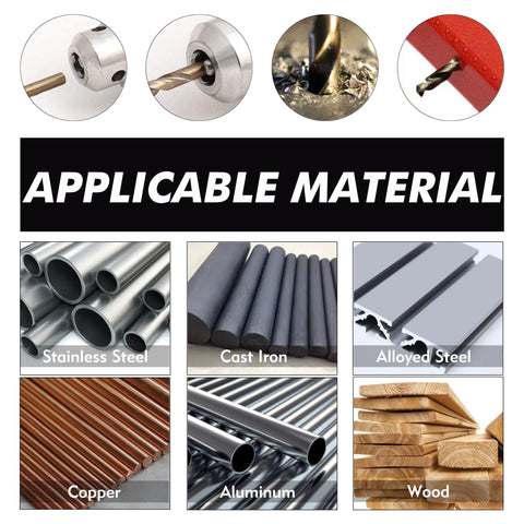 One Quarter Inch Cobalt Drill Bits M35 HSS 135 Degree Tip Jobber Length Twist Drill Bit Set For Hard Metal Stainless Steel Cast Iron Wood And Plastic With Storage Case Pack Of 10 shown with applicable materials like stainless steel, cast iron, and wood.
