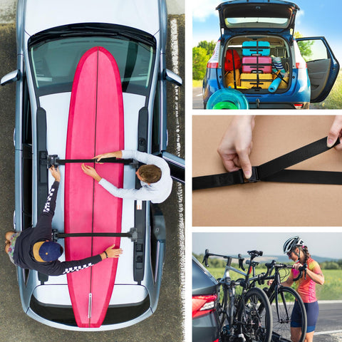 Beefy Heavy Duty Cinch Tie Down Straps With Cam Buckles 4 Pack 1m Black Rugged All Weather Nylon Lashing Straps securing surfboard, cargo, bike