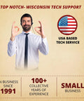 Smiling man with headset, promoting Wisconsin tech support service, emphasizing USA based expertise and 100+ years of experience.