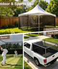 Outdoor space with gazebo screen, truck canopy, and ball barrier for sports use.