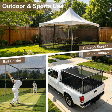 Outdoor space with gazebo screen, truck canopy, and ball barrier for sports use.