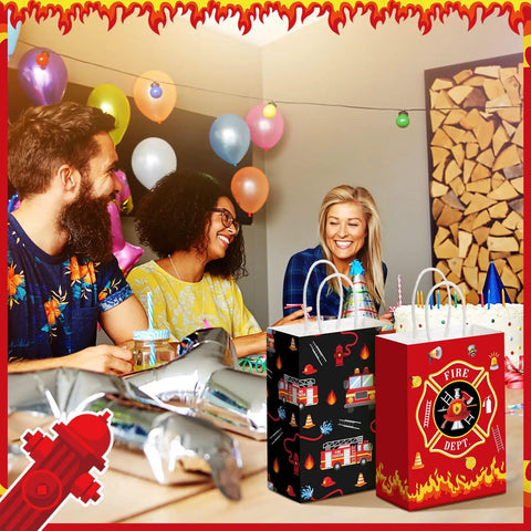 48 Count Firetruck Party Favors With Handles Bulk Pack For Kids Birthday Firefighter Candy Treat Bags on a party table