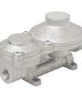 Front view of Flame King 160,000 BTU vertical two-stage propane regulator in silver finish for RVs and trailers.