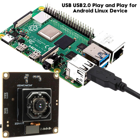 4K USB Camera Module With IBIS Stabilization Anti Shake 11MP Autofocus Lens For Crystal Clear Machine Vision And Industrial Robot Vision 90 Degree No Distortion Lens Plug And Play viewed next to circuit board.