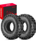 Pair of 4.10/3.50-4 4-Ply Off Road Heavy Duty Tires with packaging for lawn mower, go kart, handcart, garden trailer.