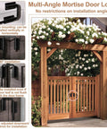 INTERWARM 4Pcs Slide Bolt Gate Latch for Wooden Fence mounted on a wooden gate, showcasing adjustable installation angles.