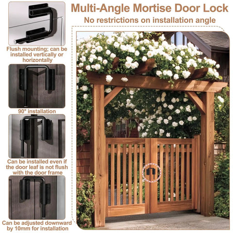 INTERWARM 4Pcs Slide Bolt Gate Latch for Wooden Fence mounted on a wooden gate, showcasing adjustable installation angles.