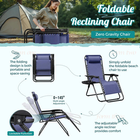 Two Blue Zero Gravity Lounge Chairs Set with Cup Holders and Pillows, No Assembly Needed, Foldable Outdoor Patio Recliners