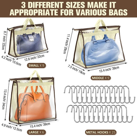 Purse Dust Bags Set With 24 Storage Covers And 25 Stainless Steel S Hooks 3 Sizes S M L For Handbags Displayed With Bags Inside