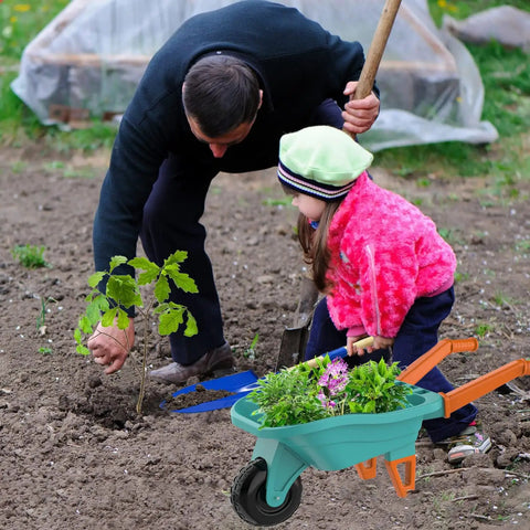 Child using Kids Gardening Set With Wheelbarrow For Ages 3 To 8 Real Metal Garden Tools 14 Piece Outdoor Kit in garden