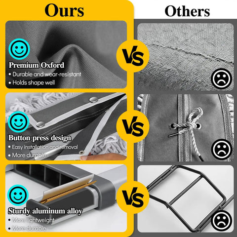 Comparison of commercial dust mop features: premium oxford, button press design, and sturdy aluminum alloy side by side with competitors.