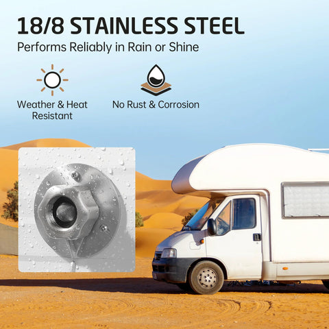 RV water inlet connection with check valve; brushed 18/8 stainless steel, for campers and trailers