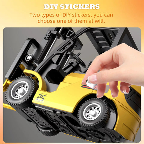 Hand placing DIY sticker on Mini 1:64 Scale Remote Control Liftable Forklift Toy With All Metal Die Cast Body Movable Forks