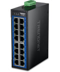 Industrial 16 Port Gigabit DIN Rail Switch With 32Gbps Capacity NDAA And TAA Compliant, shown with 16 RJ-45 ports and IP50 rated enclosure