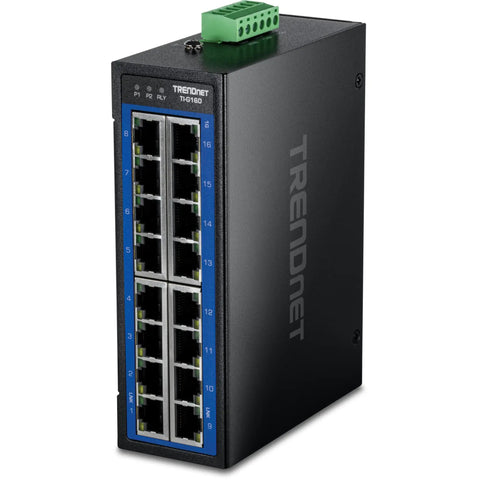 Industrial 16 Port Gigabit DIN Rail Switch With 32Gbps Capacity NDAA And TAA Compliant, shown with 16 RJ-45 ports and IP50 rated enclosure