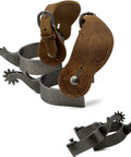 Rugged Cowboy Spurs With Straps, Antique Silver Plated Iron Finish, 1 Inch Band, 2-1/4 Inch Shank, Western Ride Gear
