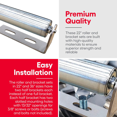 Close-up of Galvanized Steel Roller With Bracket Set For Conveyor Systems And Woodworking Projects Pro Grade Built To Last 1.5 Inch Diameter.