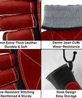 Close-up of 16 Inch Heat Resistant Welding Gloves for Welders, showing thick leather, denim cuffs, fire-resistant stitching, and hook design.