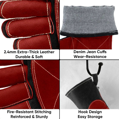 Close-up of 16 Inch Heat Resistant Welding Gloves for Welders, showing thick leather, denim cuffs, fire-resistant stitching, and hook design.