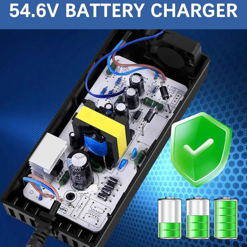 54.6V 2A Fast Charger For 48V Lithium Ion Battery Packs showing internal electronic components and charging status icons