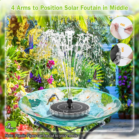 Solar Bird Bath Fountain With LED Ring Lights, Upgraded 3.5W Solar Pump in a colorful garden setting, water sprouting.