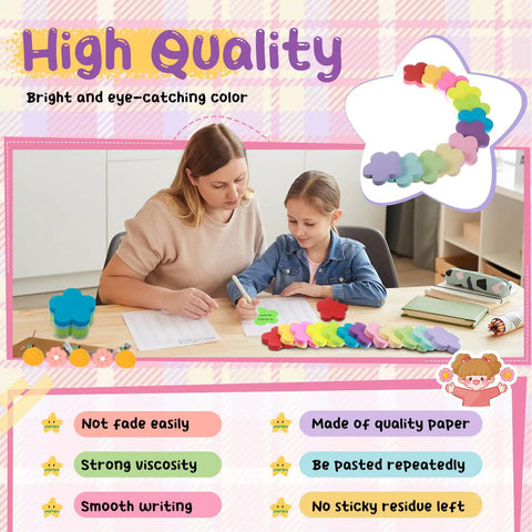 Mother and daughter writing with Colorful Flower Sticky Notes 3 Inch Pack Of 24 With 100 Sheets Per Pad, bright assorted colors.