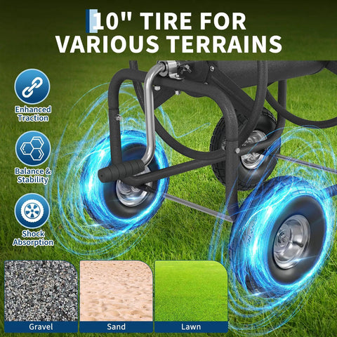 Grab And Go Mobile Garden Hose Reel Cart showing four pneumatic tires on grass for various terrain use