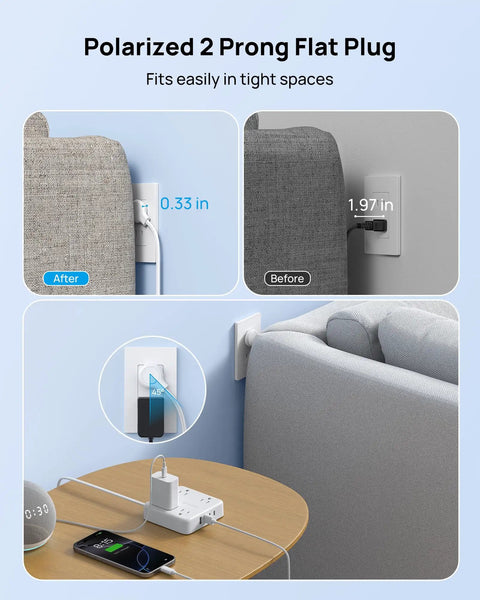 Two Prong Power Strip With 10Ft Cord And 1440J Surge Protector showing flat plug fitting behind furniture.
