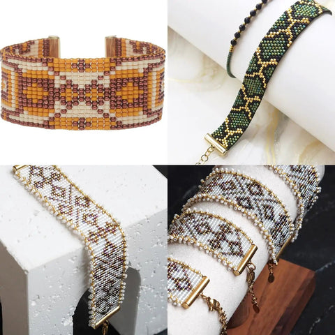 Various beaded bracelets using All Size Slider Clasp Jewelry Making Kit in Rose Gold, perfect for beading and bead loom projects