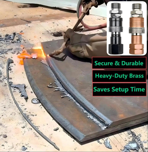 Oxy Acetylene Torch Quick Connect Fittings Fit Nine Sixteenths Inch B UNF Threads used in welding project, close-up view.