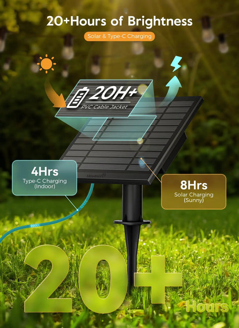 100 Feet Solar String Lights Outdoor Waterproof With Remote Timable Type C Port 31 Plus 2 LED S14 Shatterproof Bulbs Dimmable Patio Yard Camping Lights Three Modes solar panel charging