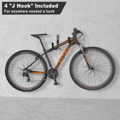 Mountain bike hanging on wall using "J Hook" from Heavy Duty Garage Hooks 20 Pack Steel Wall Mount Hooks With Anti Slip Coating.