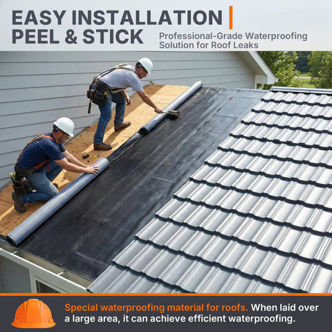 Two workers installing Heavy Duty Epdm Rubber Roofing Roll With Self Adhesive Backing For A Rock Solid Waterproof Seal Measuring 39 Inches By 16 Feet.