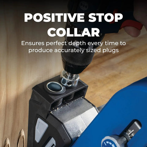 Heavy Duty Plug Cutter Drill Guide Kit designed to instantly hide pocket screw holes, featuring positive stop collar ensuring precise depth.