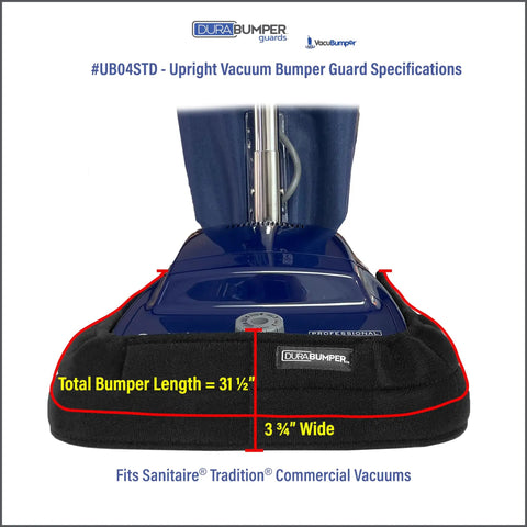 Beefed Up Heavy Duty Bumper Guard for Sanitaire Tradition Upright Vacuums fitted, front view, showing dimensions and fit