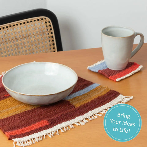 Handmade woven placemat and coaster on table, using Beginner Friendly Weaving Loom Kit For Adults And Kids Totally Easy To Start All In One Table And Lap Loom Wooden Loom With Yarn Tools And Step By Step Video Tutorials For Multicraft Projects.