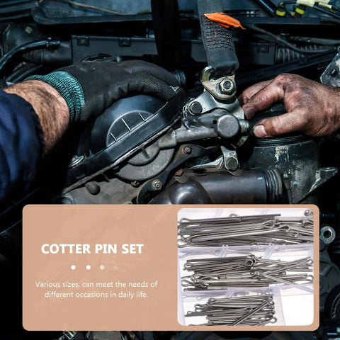 160 Pcs Stainless Steel Cotter Pins Kit With M1.6 M2.5 M3.2 M4 Sizes Heavy Duty Fastener Clips in automotive repair scene.