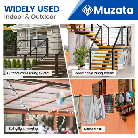 Widely used indoor and outdoor applications of 200 Ft One Eighth Inch Black Stainless Steel Cable Railing Kit For Indoor Outdoor Use With T316 Wire Rope 7x7 Strands 1800 Lb Breaking Strength Hardware Included Modern Black Railing System